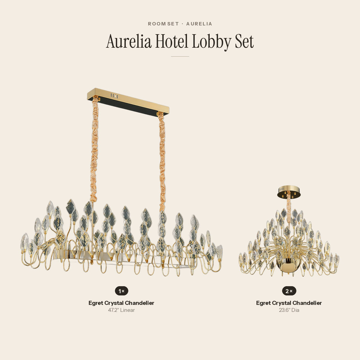 Aurelia Hotel Lobby Set: 1 Egret Crystal Chandelier, 2 Egret Crystal Chandelier