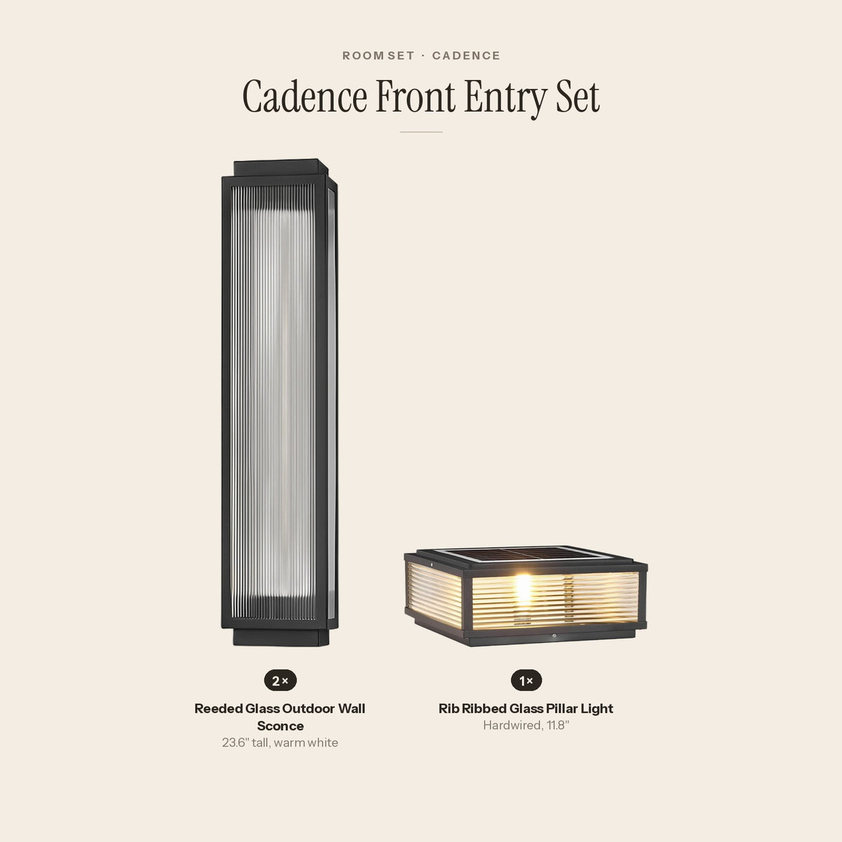 Cadence Front Entry Set: 2 Reeded Glass Outdoor Wall Sconce, 1 Rib Ribbed Glass Pillar Light