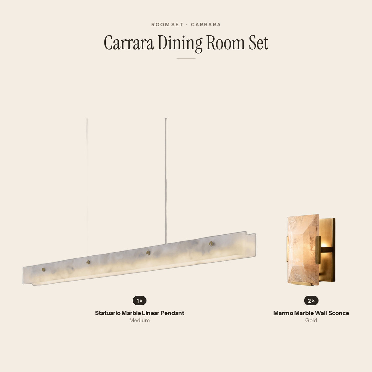 Carrara Dining Room Set: 1 Statuario Marble Linear Pendant, 2 Marmo Marble Wall Sconce