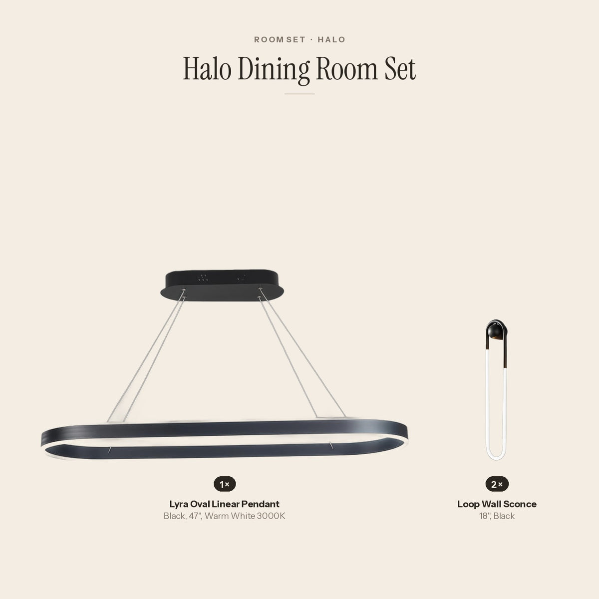 Halo Dining Room Set: 1 Lyra Oval Linear Pendant, 2 Loop Wall Sconce