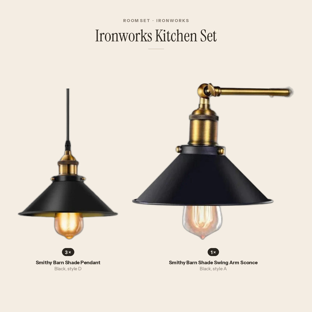 Ironworks Kitchen Set: 3 Smithy Barn Shade Pendant, 1 Smithy Barn Shade Swing Arm Sconce