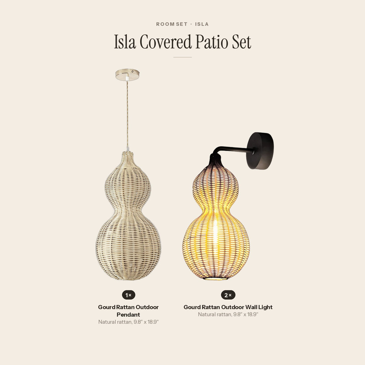 Isla Covered Patio Set: 1 Gourd Rattan Outdoor Pendant, 2 Gourd Rattan Outdoor Wall Light