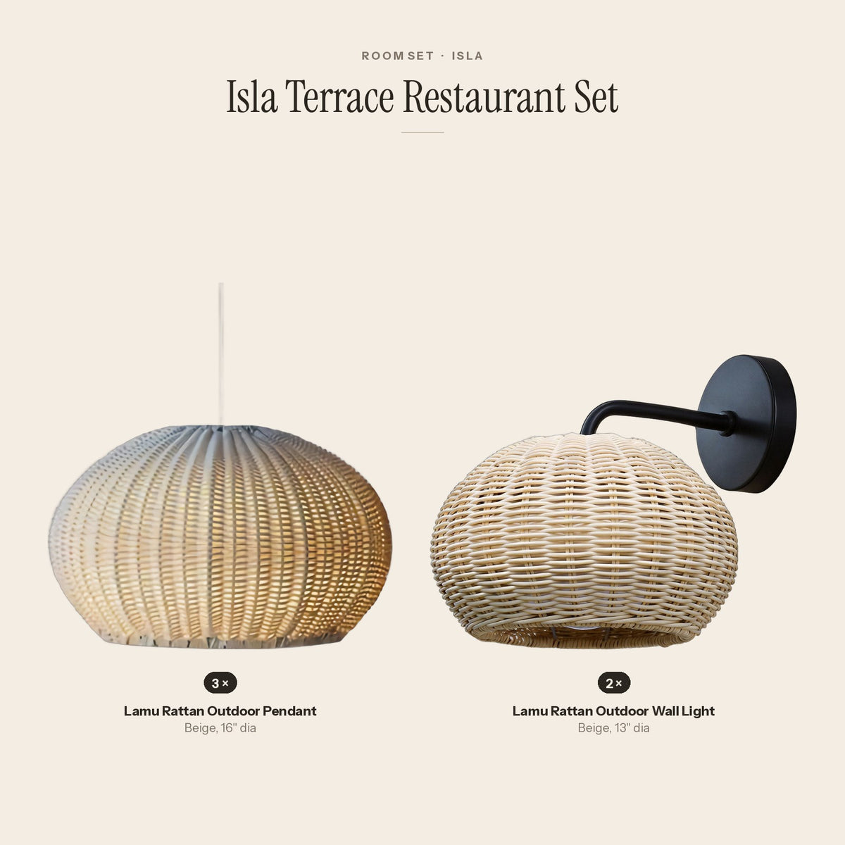 Isla Terrace Restaurant Set: 3 Lamu Rattan Outdoor Pendant, 2 Lamu Rattan Outdoor Wall Light
