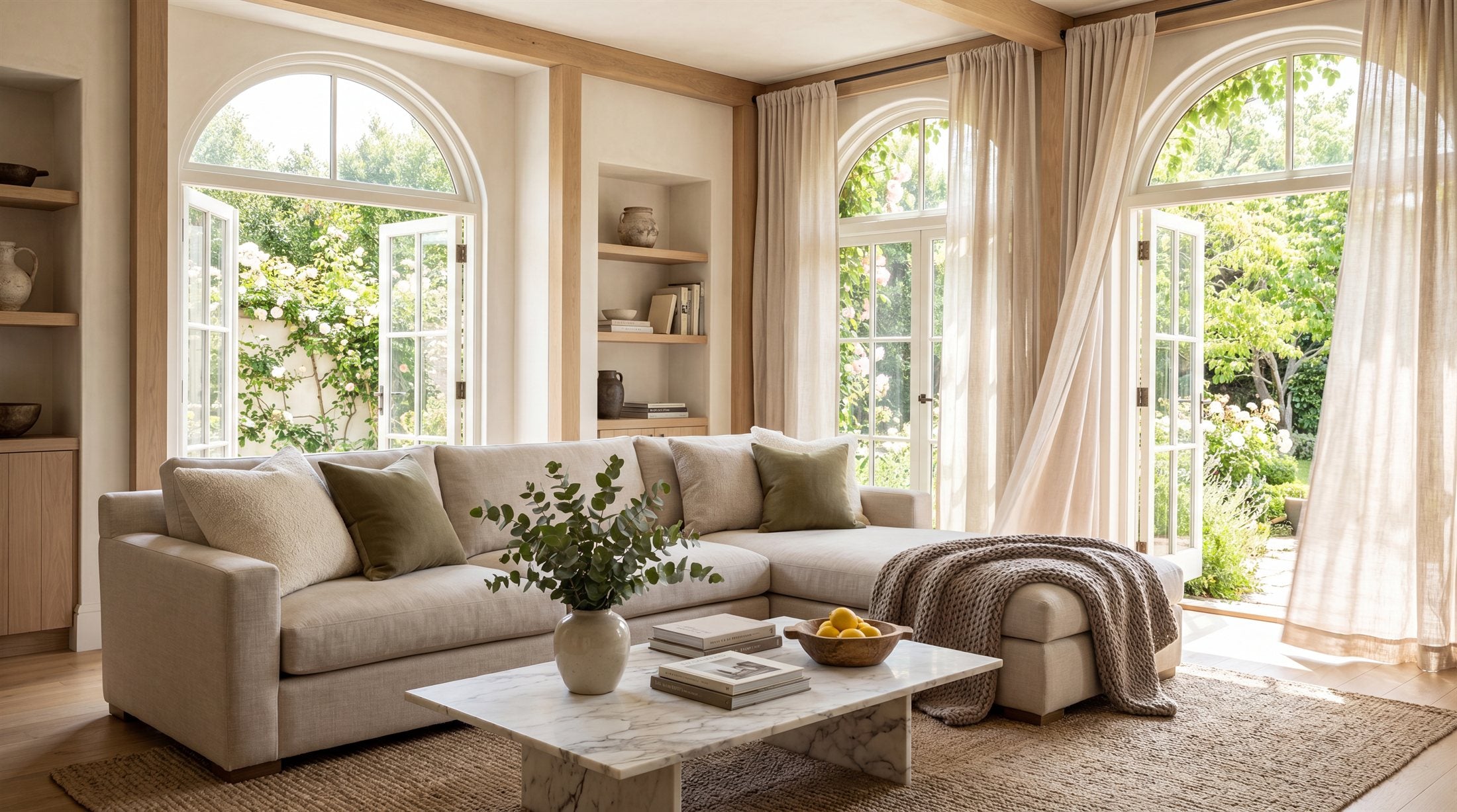 Living room with sofa and garden view