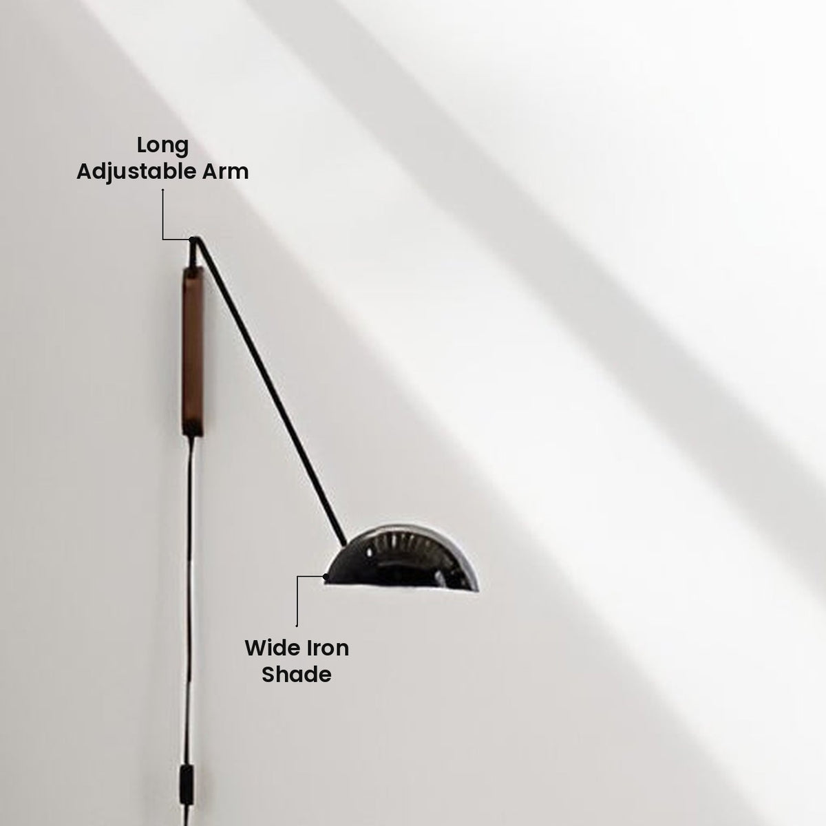 Nordic Long Arm Wall Sconce: Long Adjustable Arm, Wide Iron Shade