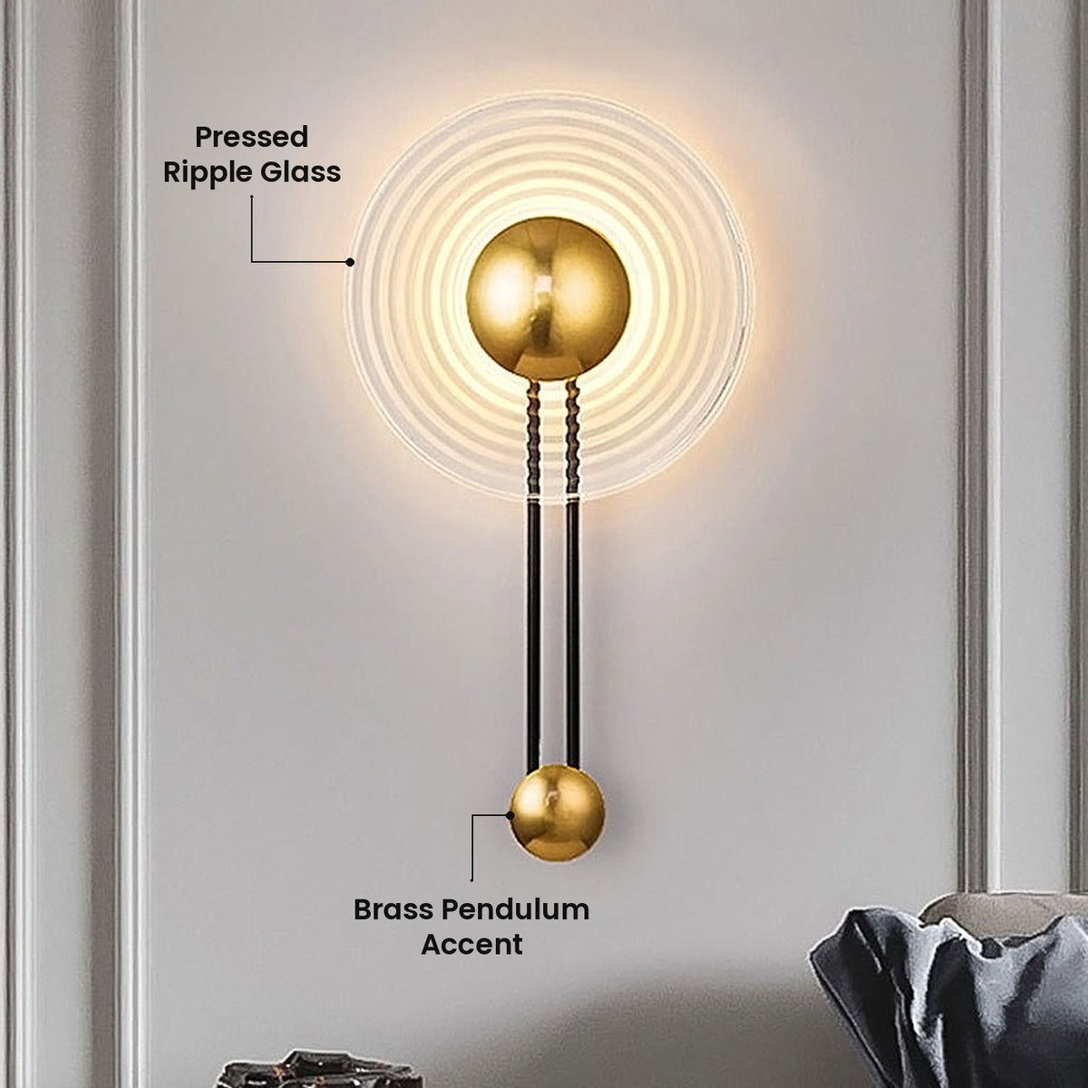 Ripple Glass Disc Sconce: Pressed Ripple Glass, Brass Pendulum Accent