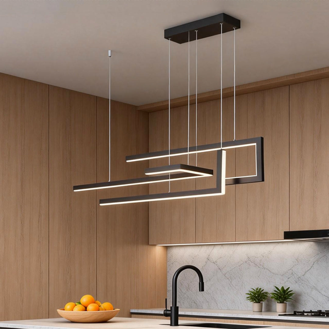 Offset Frame LED Linear Chandelier, Geometric Metal Island Light