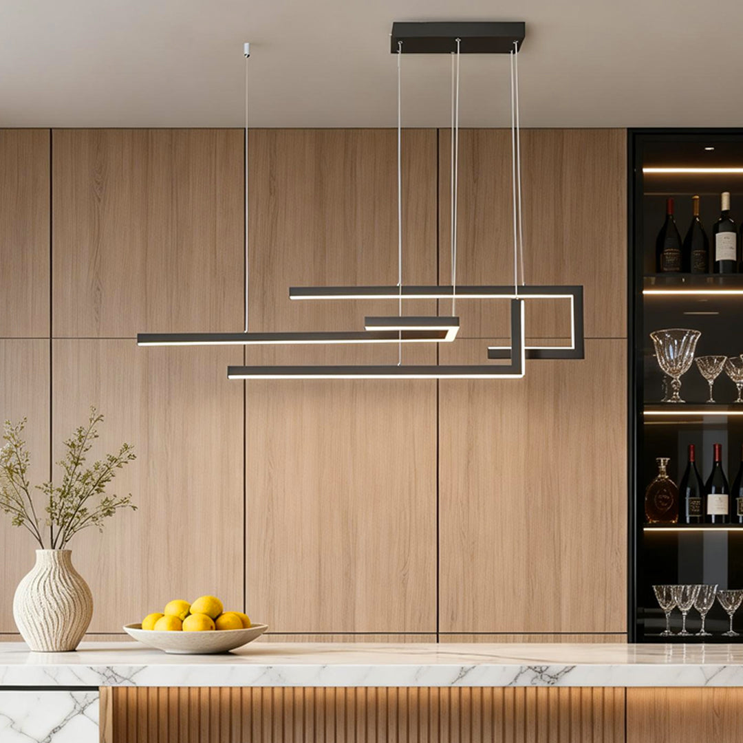 Offset Frame LED Linear Chandelier, Geometric Metal Island Light