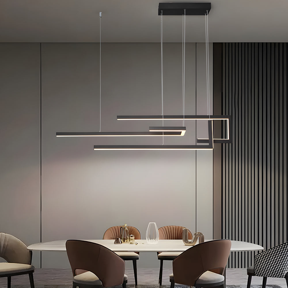 Offset Frame LED Linear Chandelier, Geometric Metal Island Light