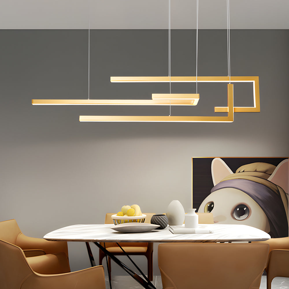 Offset Frame LED Linear Chandelier, Geometric Metal Island Light