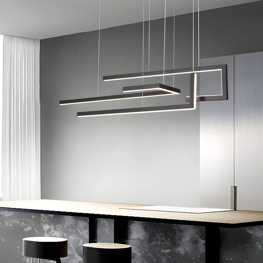 Offset Frame LED Linear Chandelier, Geometric Metal Island Light