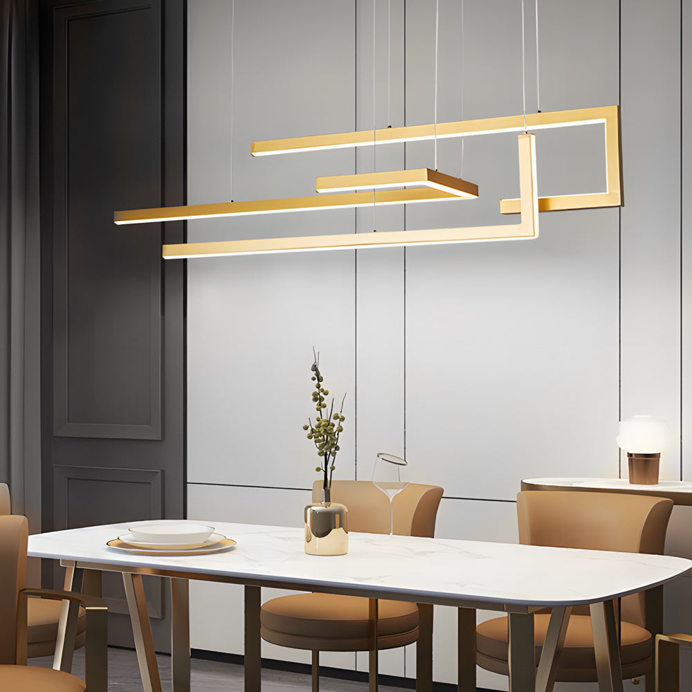 Offset Frame LED Linear Chandelier, Geometric Metal Island Light