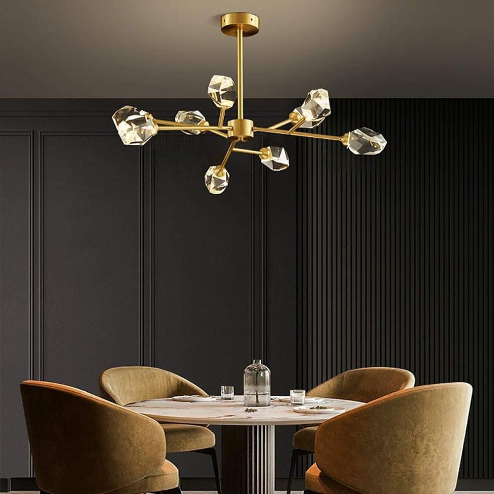 Faceted Crystal Sputnik Chandelier, Gold Metal Branch Ceiling Light