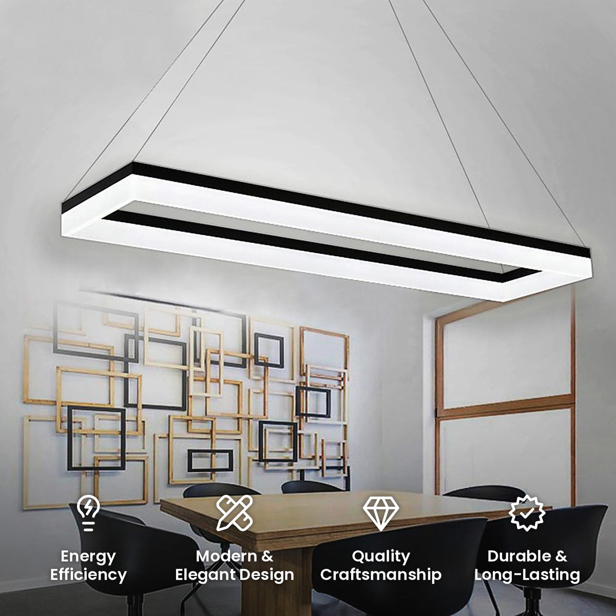 Open Rectangle LED Linear Pendant: energy efficiency, modern and elegant design, quality craftsmanship, durable and long-lasting