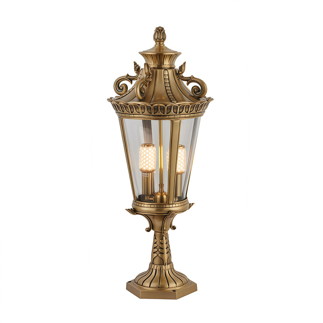 Scrolled Crown Pillar Lantern, Antique Copper Fence Post Light