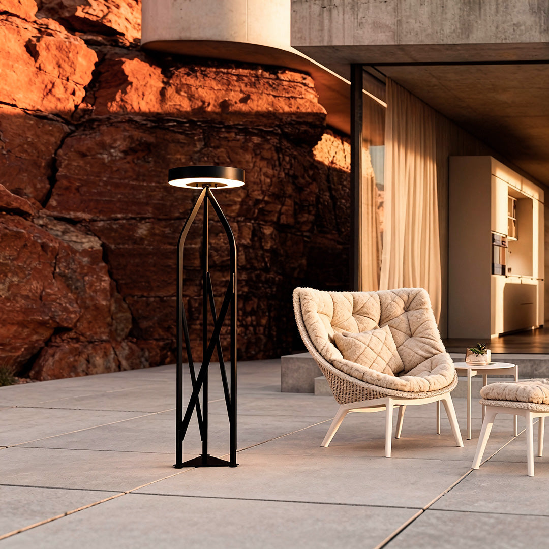 Crossed Frame Patio Floor Lamp, Black Copper Outdoor Floor Light