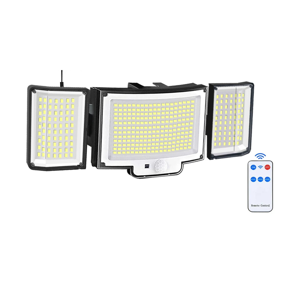 Solar security motion sensor light, 366 LED three head with solar panel and remote