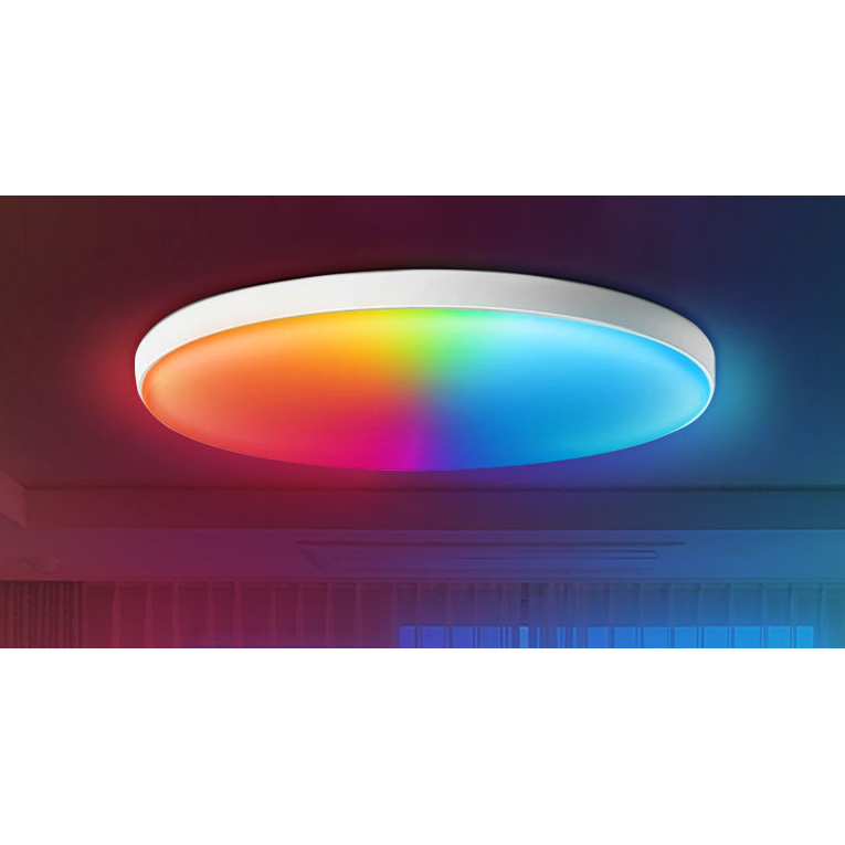 Smart WiFi RGB circular ceiling light shown mounted with colour lighting