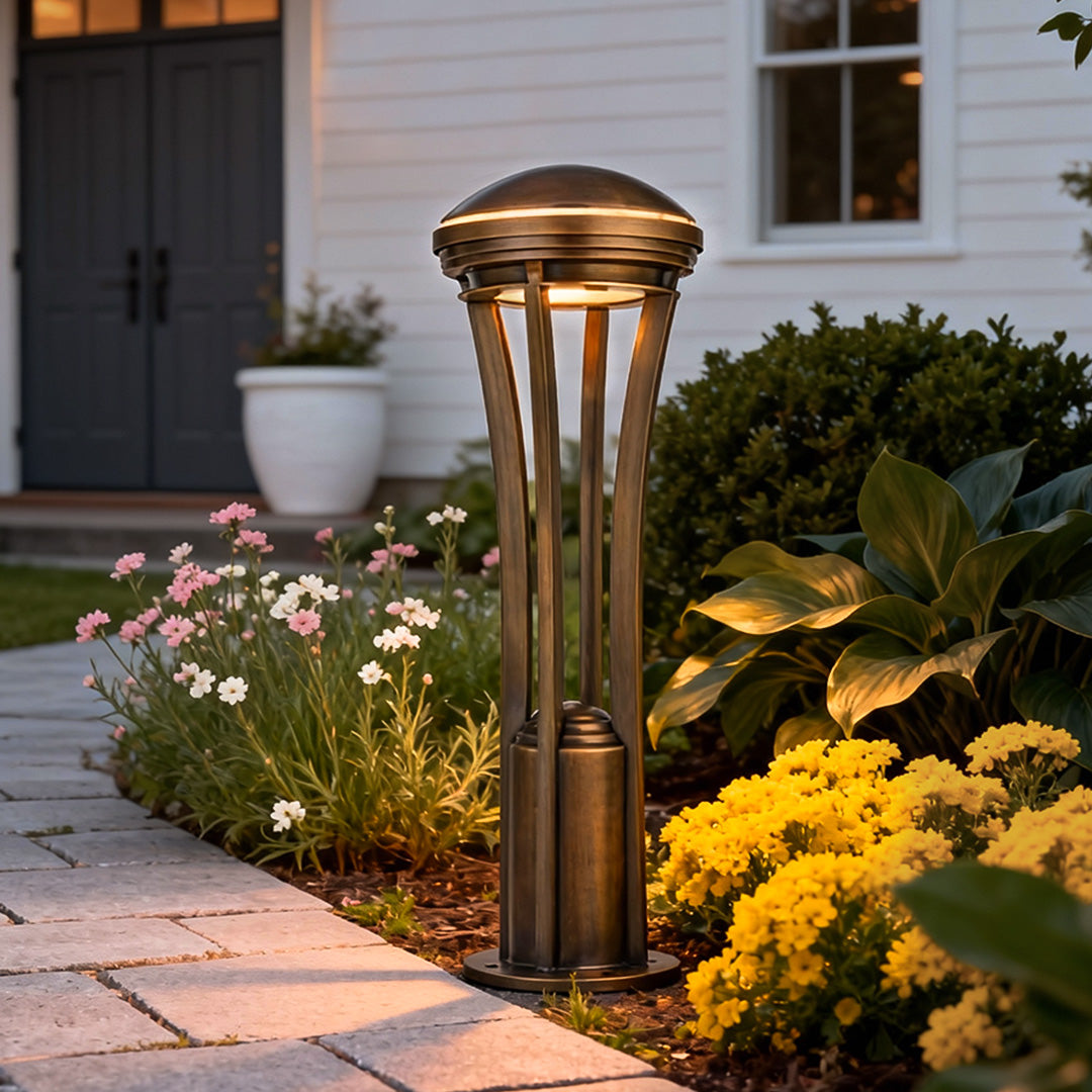 Antique Copper Cage Path Light, Clear Glass Landscape Bollard