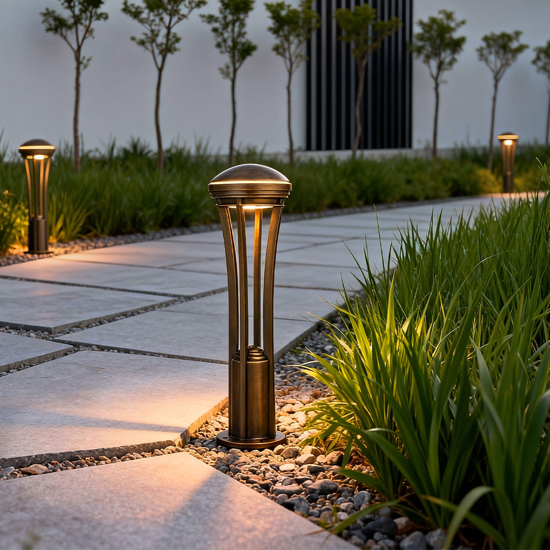 Antique Copper Cage Path Light, Clear Glass Landscape Bollard