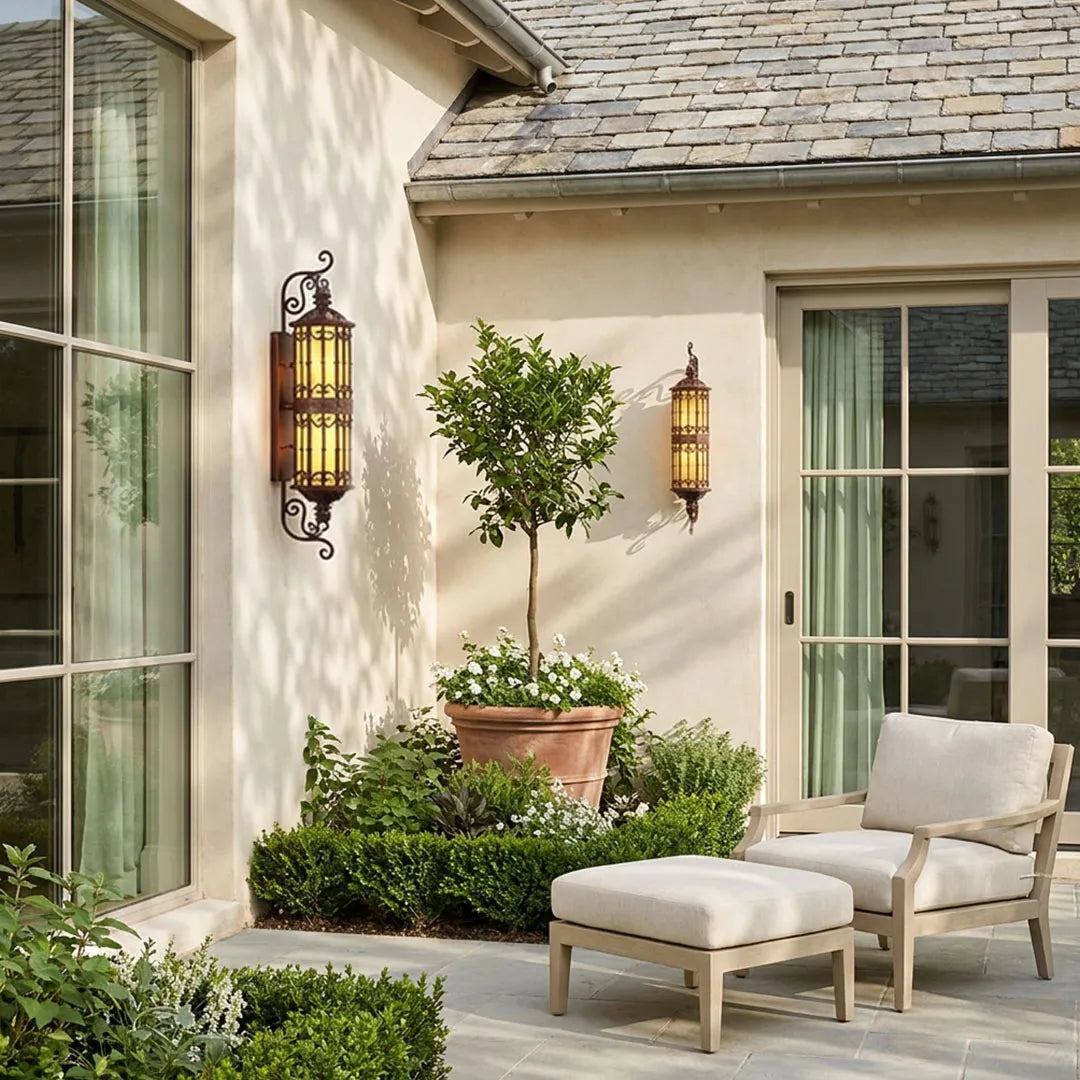 Scrolled Iron Lantern Sconce, Bronze Outdoor Wall Light