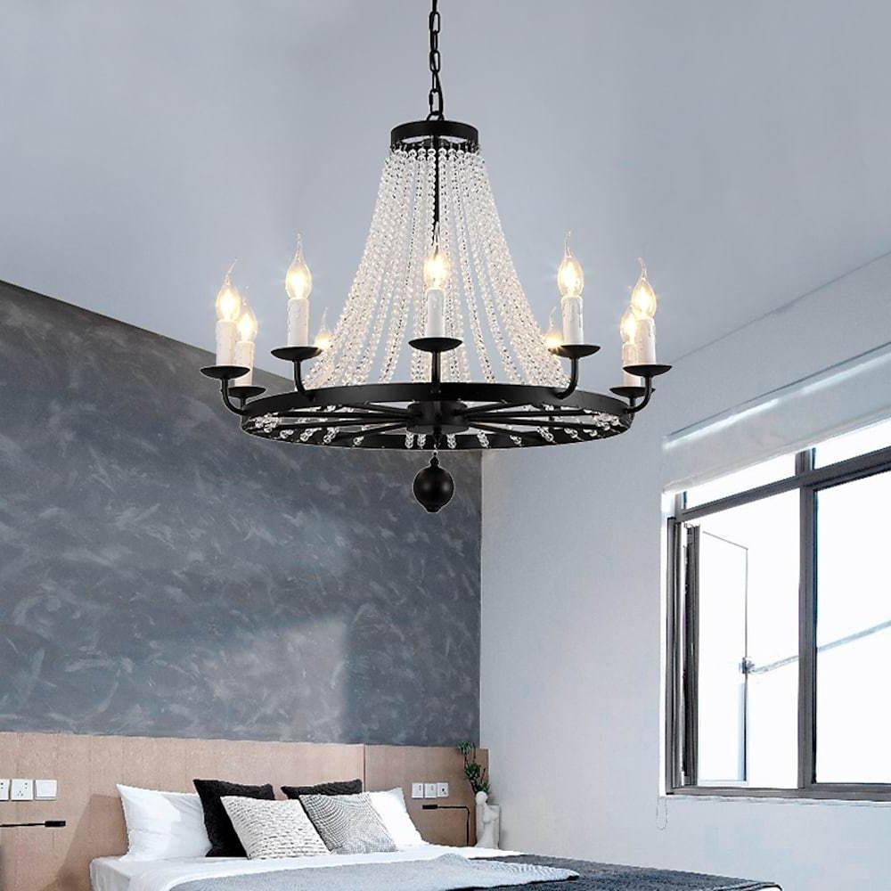 Crystal Cascade Wagon Wheel Candle Chandelier, Black Metal Light 5