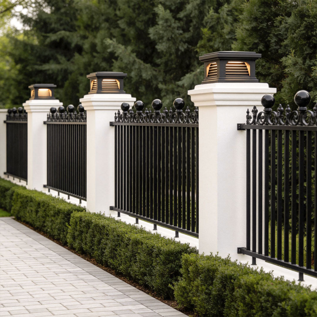 Slatted Cap Pillar Light, Black Stainless Steel Gate Post Light