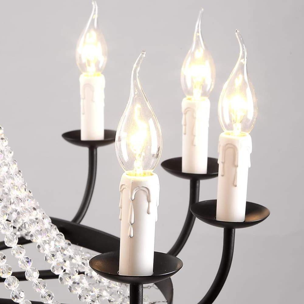 Crystal Cascade Wagon Wheel Candle Chandelier, Black Metal Light 7
