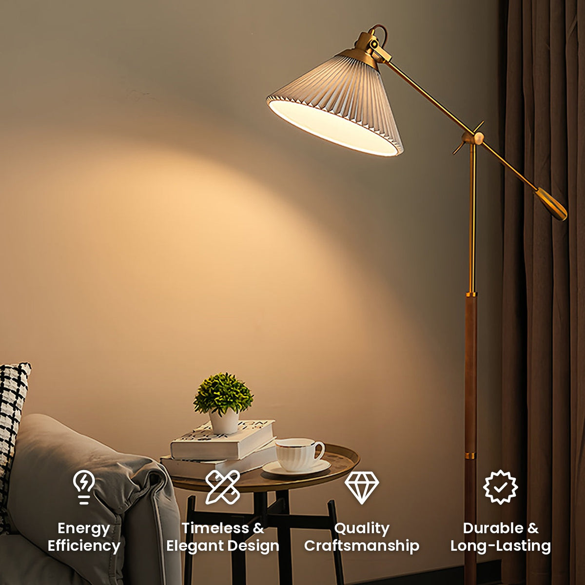 Pleated Shade Swing Arm Floor Lamp: energy efficiency, timeless and elegant design, quality craftsmanship, durable and long-lasting