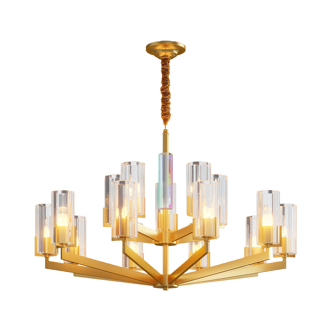 Ribbed Glass Candle Chandelier, Solid Brass Modern Ceiling Light 27