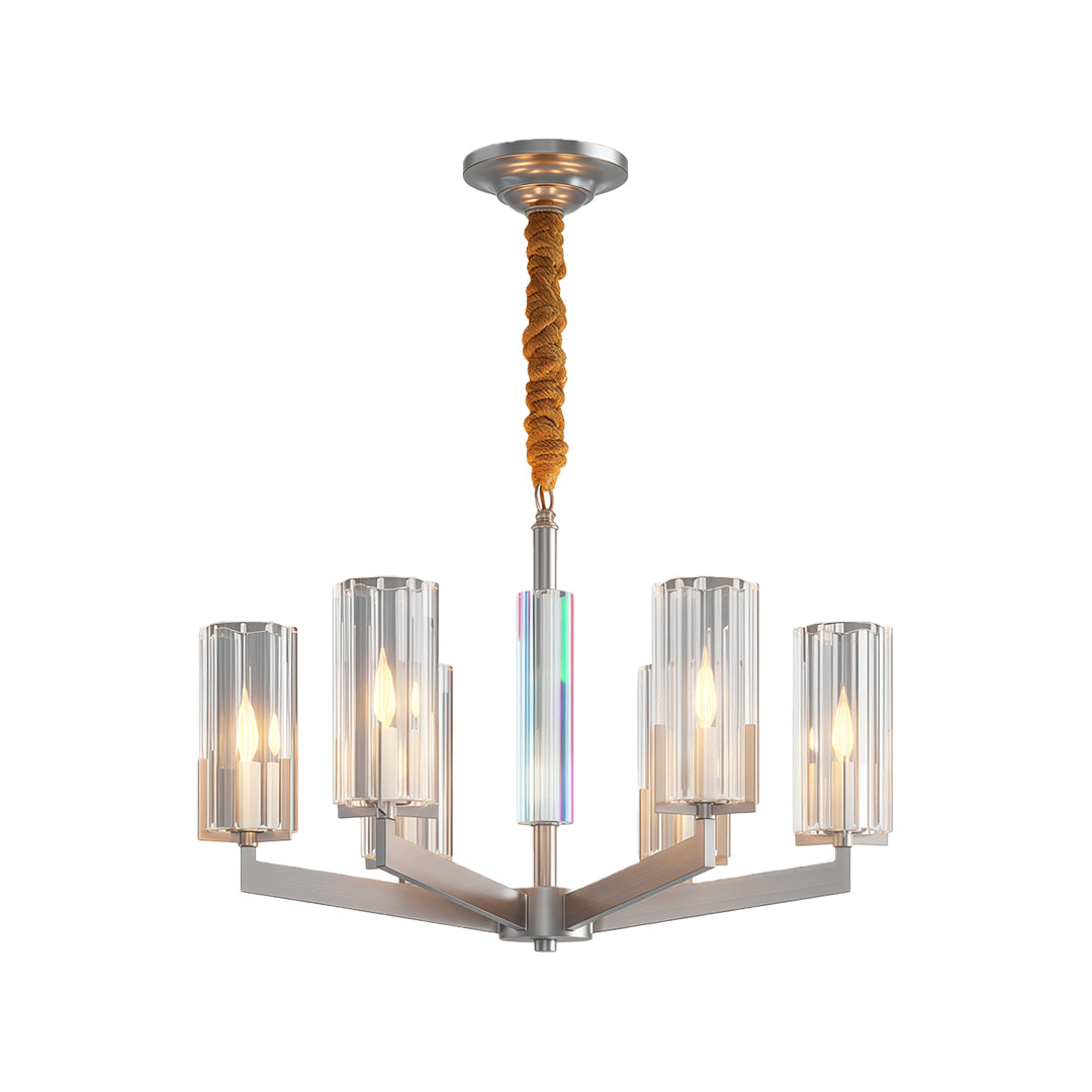 Ribbed Glass Candle Chandelier, Solid Brass Modern Ceiling Light 16