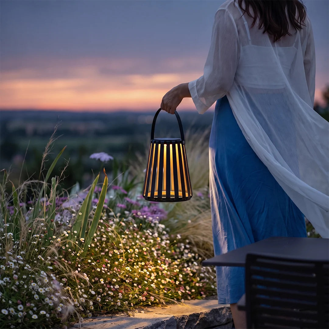 Slatted Solar Patio Lantern, Black Stainless Steel Portable Light