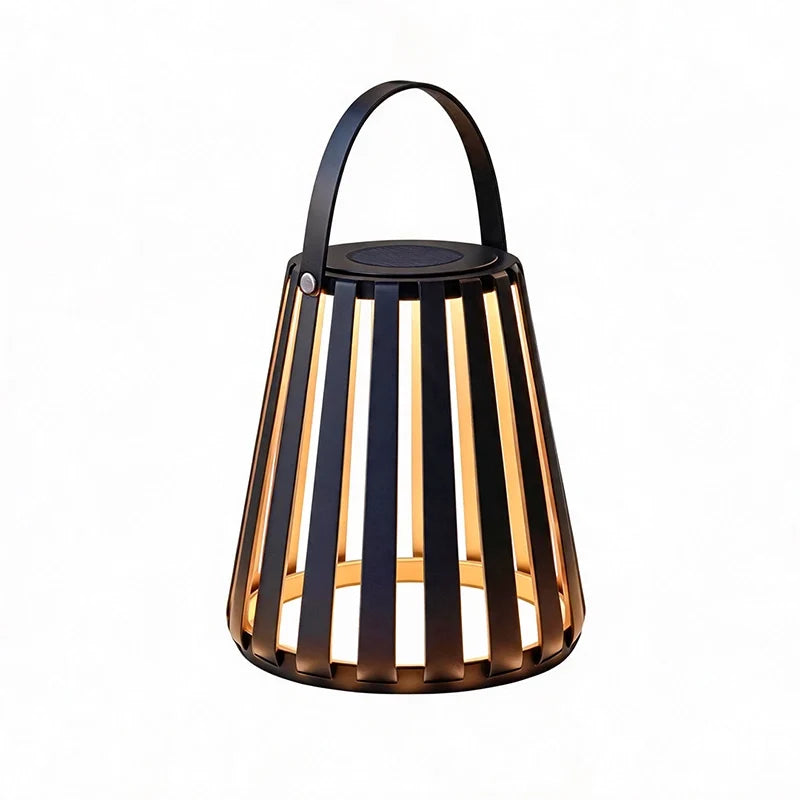 Slatted Solar Patio Lantern, Black Stainless Steel Portable Light