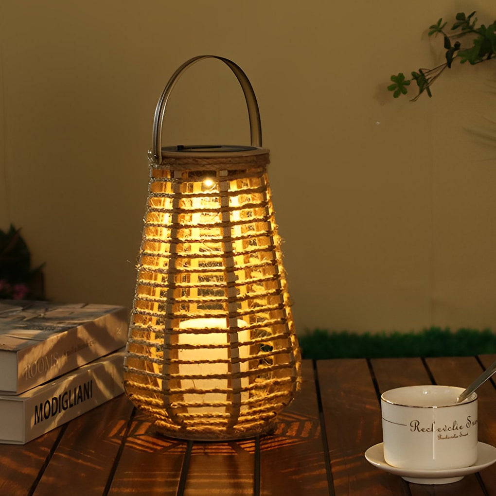 Woven Rope Solar Lantern, Rustic Brown Portable Outdoor Lantern 6