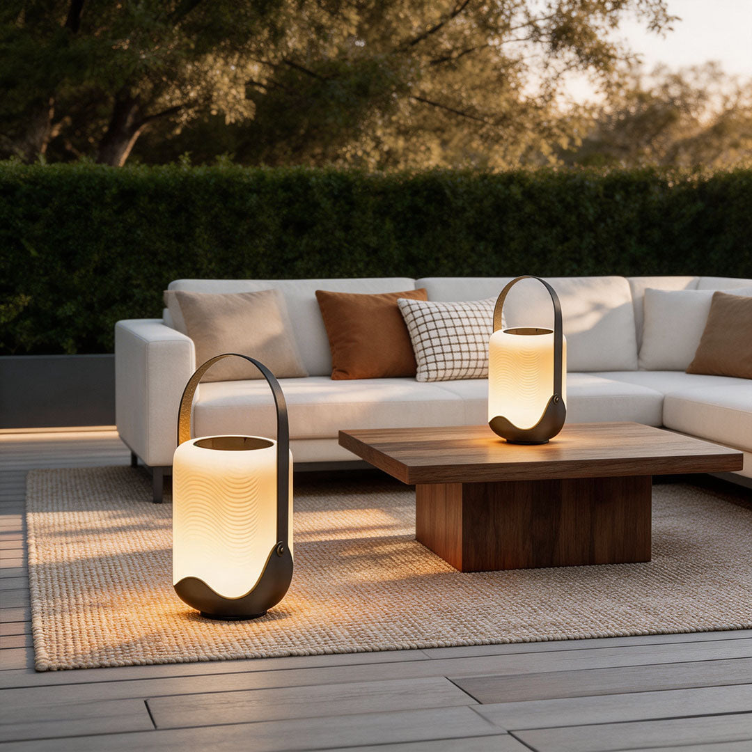 Arched Handle Solar Lantern, Black Iron and White Floor Light