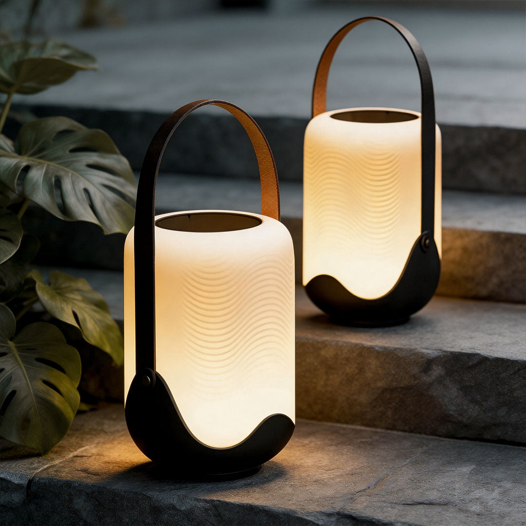 Arched Handle Solar Lantern, Black Iron and White Floor Light