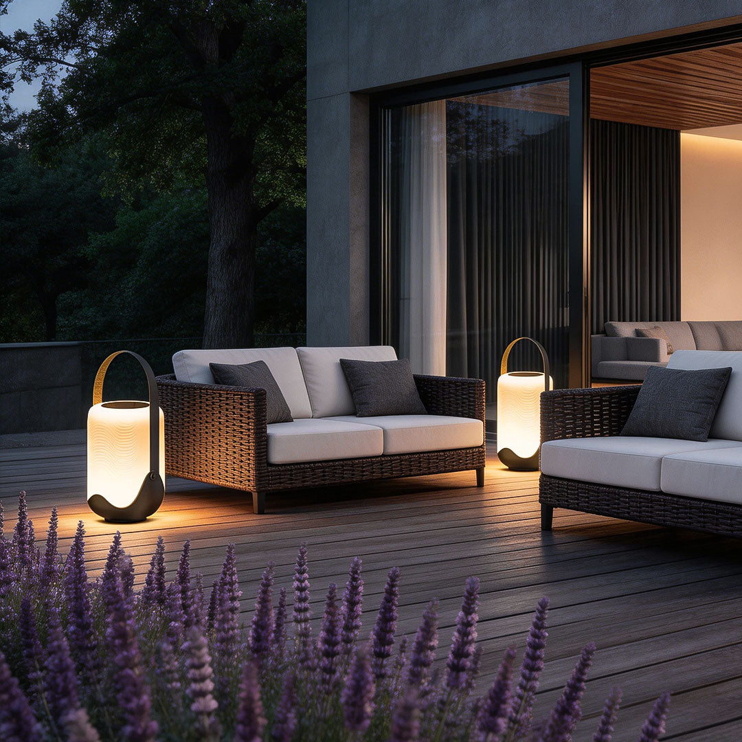 Arched Handle Solar Lantern, Black Iron and White Floor Light