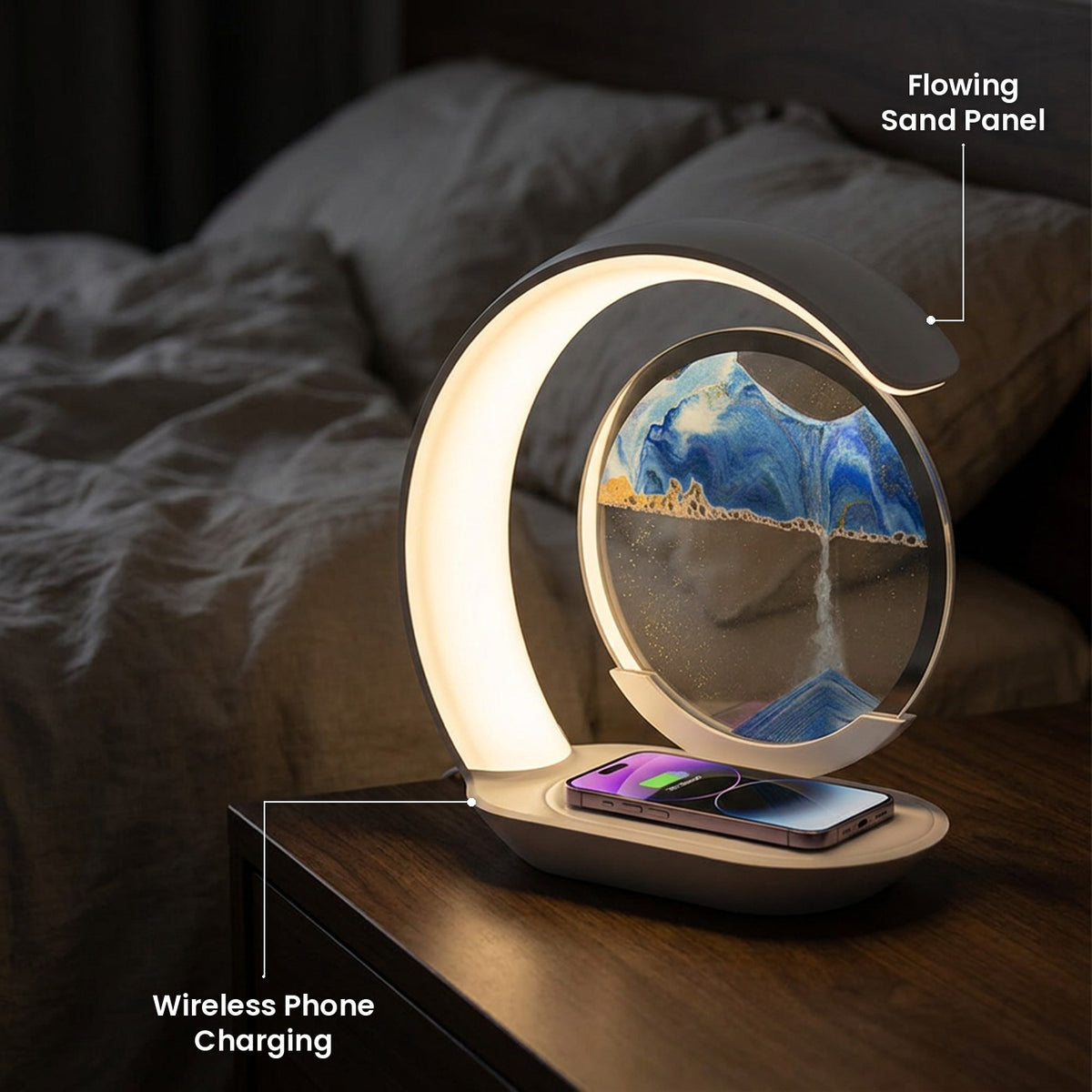 Quicksand Wireless Charging Table Lamp: Wireless Phone Charging, Flowing Sand Panel