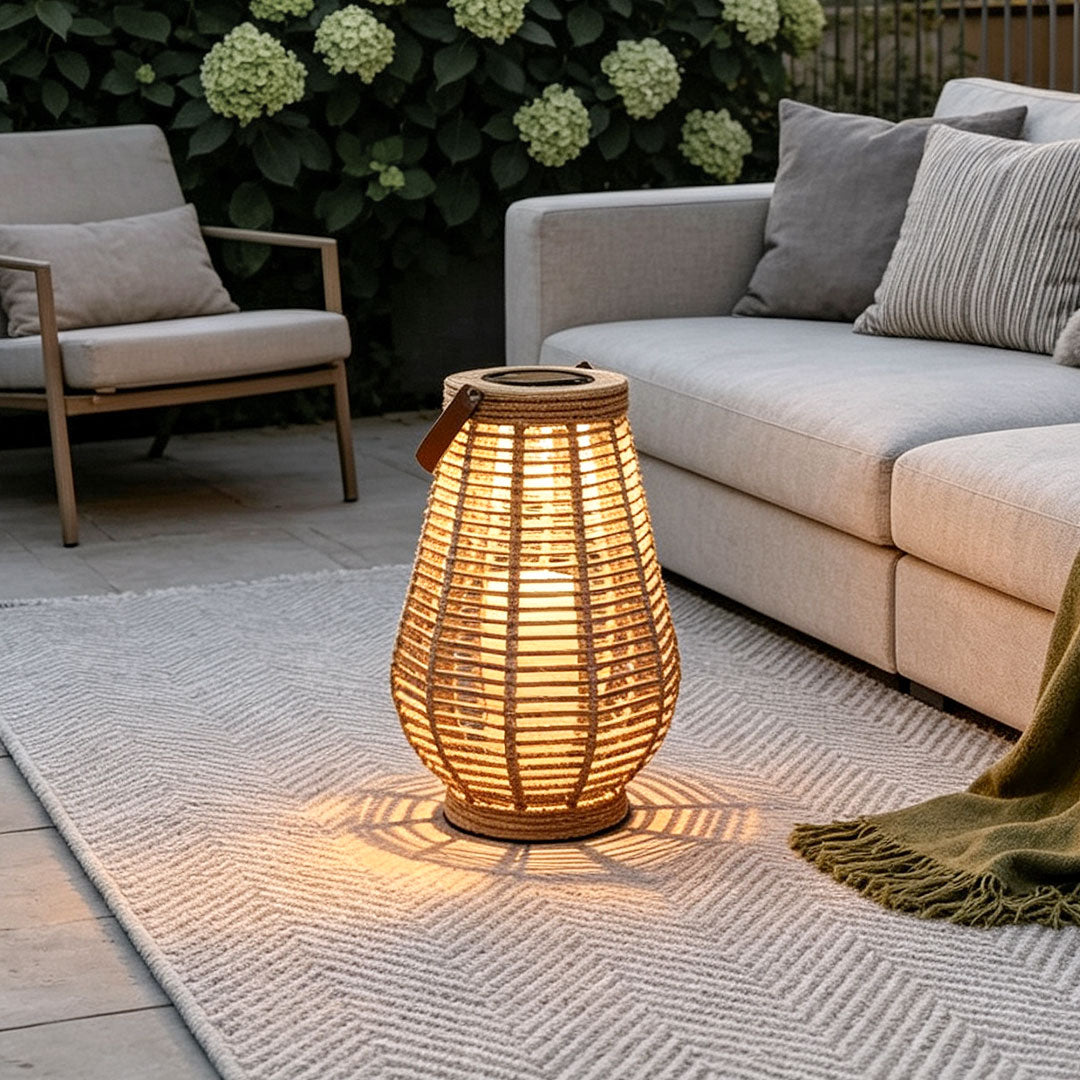 Woven Rope Solar Lantern, Rustic Brown Portable Outdoor Lantern