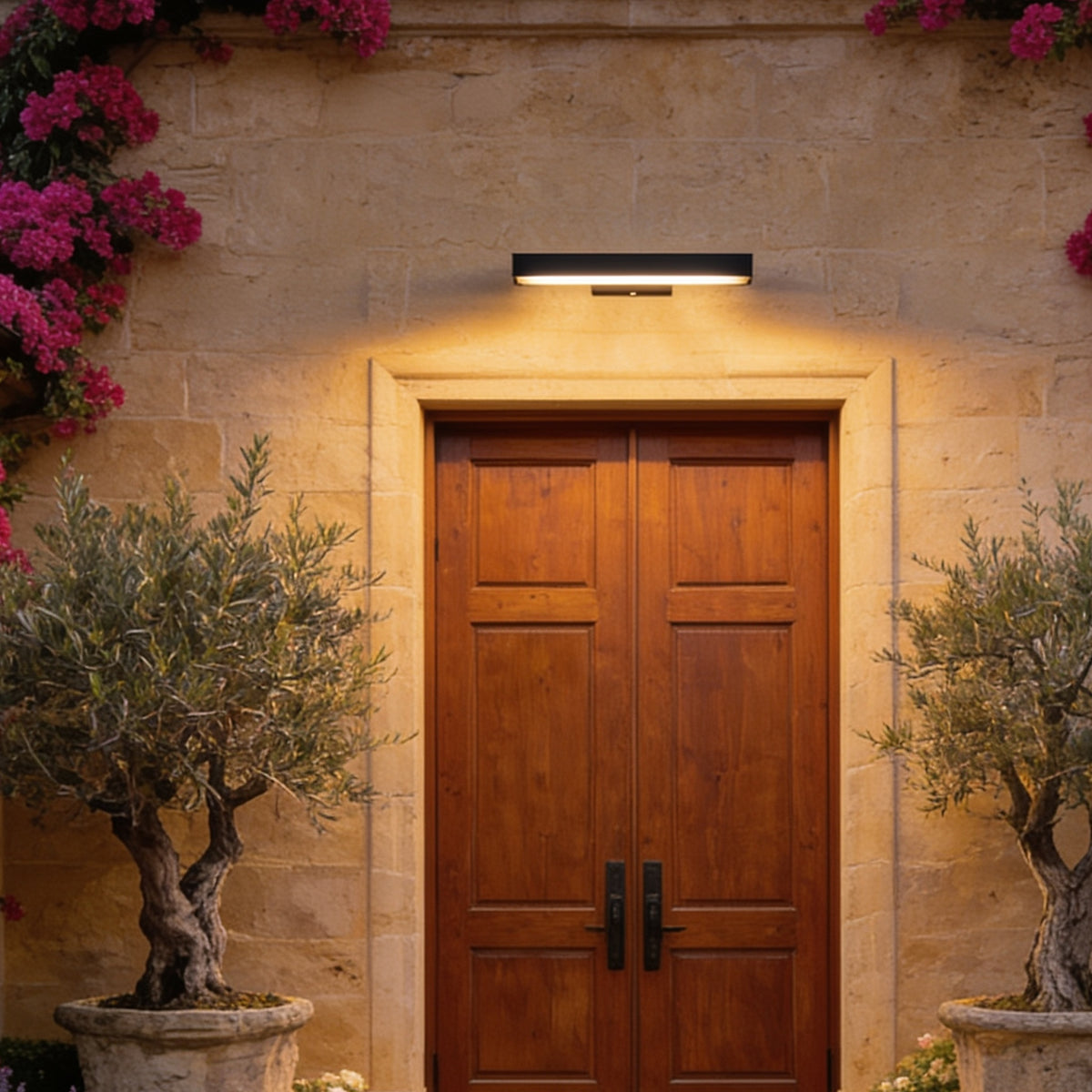 Rectangular Wall Light above walnut double doors in a sandstone entry