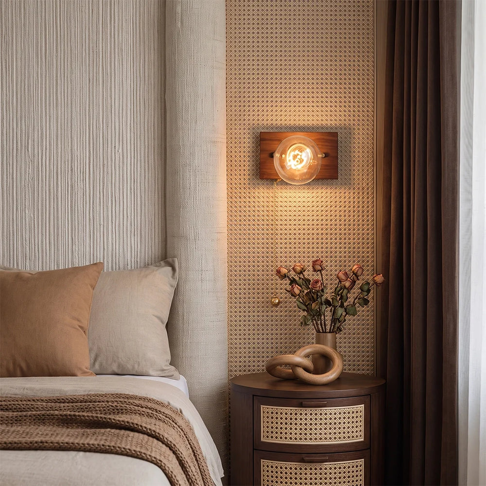 Walnut Disc Wall Light, Wood and Brass Bedside Sconce