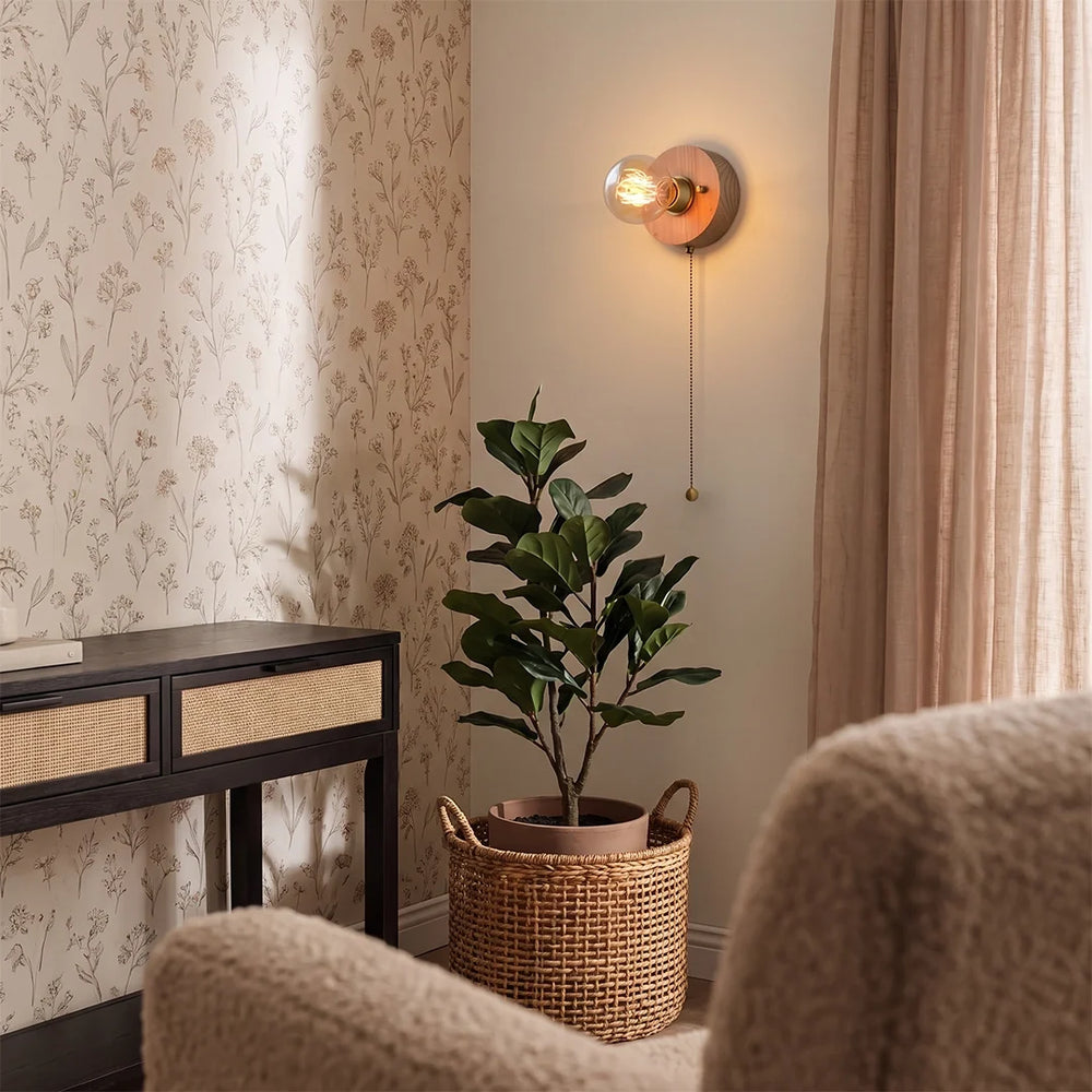 Walnut Disc Wall Light, Wood and Brass Bedside Sconce
