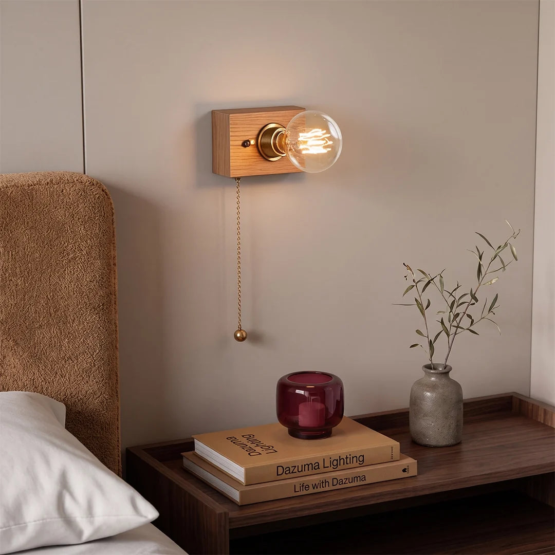 Walnut Disc Wall Light, Wood and Brass Bedside Sconce