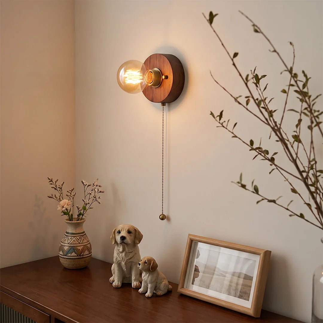 Walnut Disc Wall Light, Wood and Brass Bedside Sconce