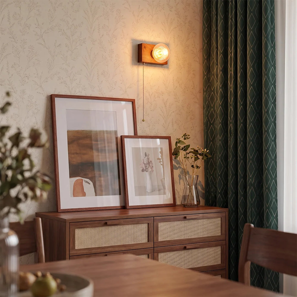 Walnut Disc Wall Light, Wood and Brass Bedside Sconce
