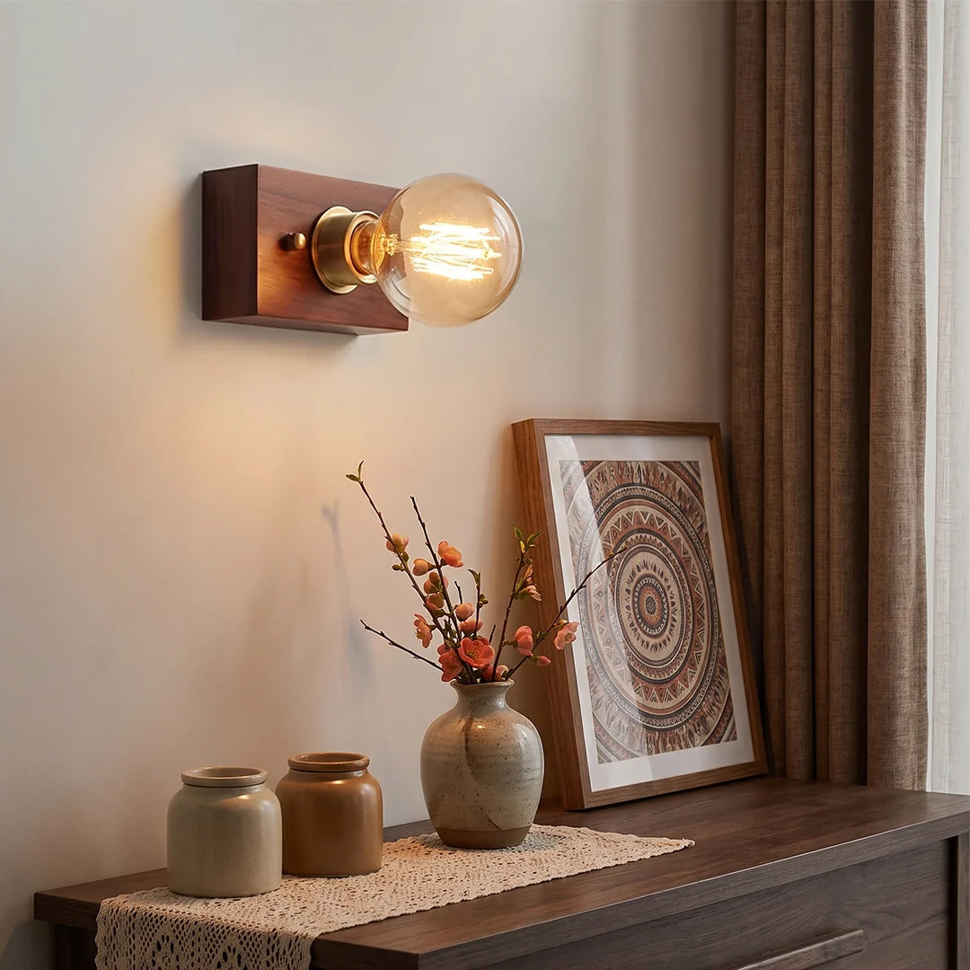 Walnut Disc Wall Light, Wood and Brass Bedside Sconce