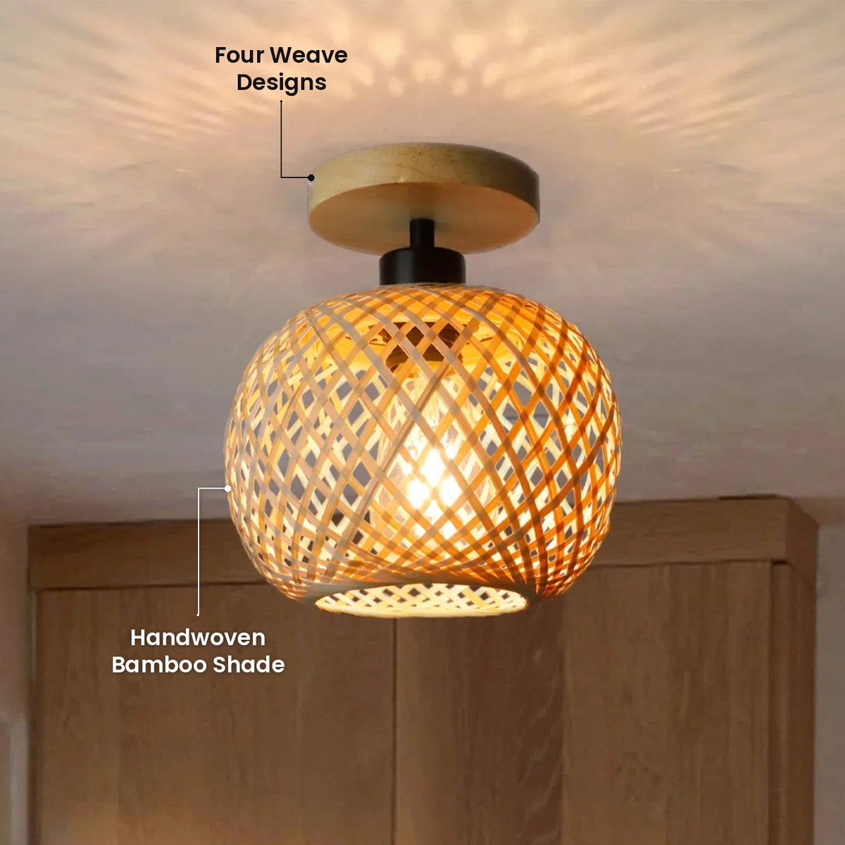 Retro Woven Bamboo Ceiling Light: Handwoven Bamboo Shade, Four Weave Designs