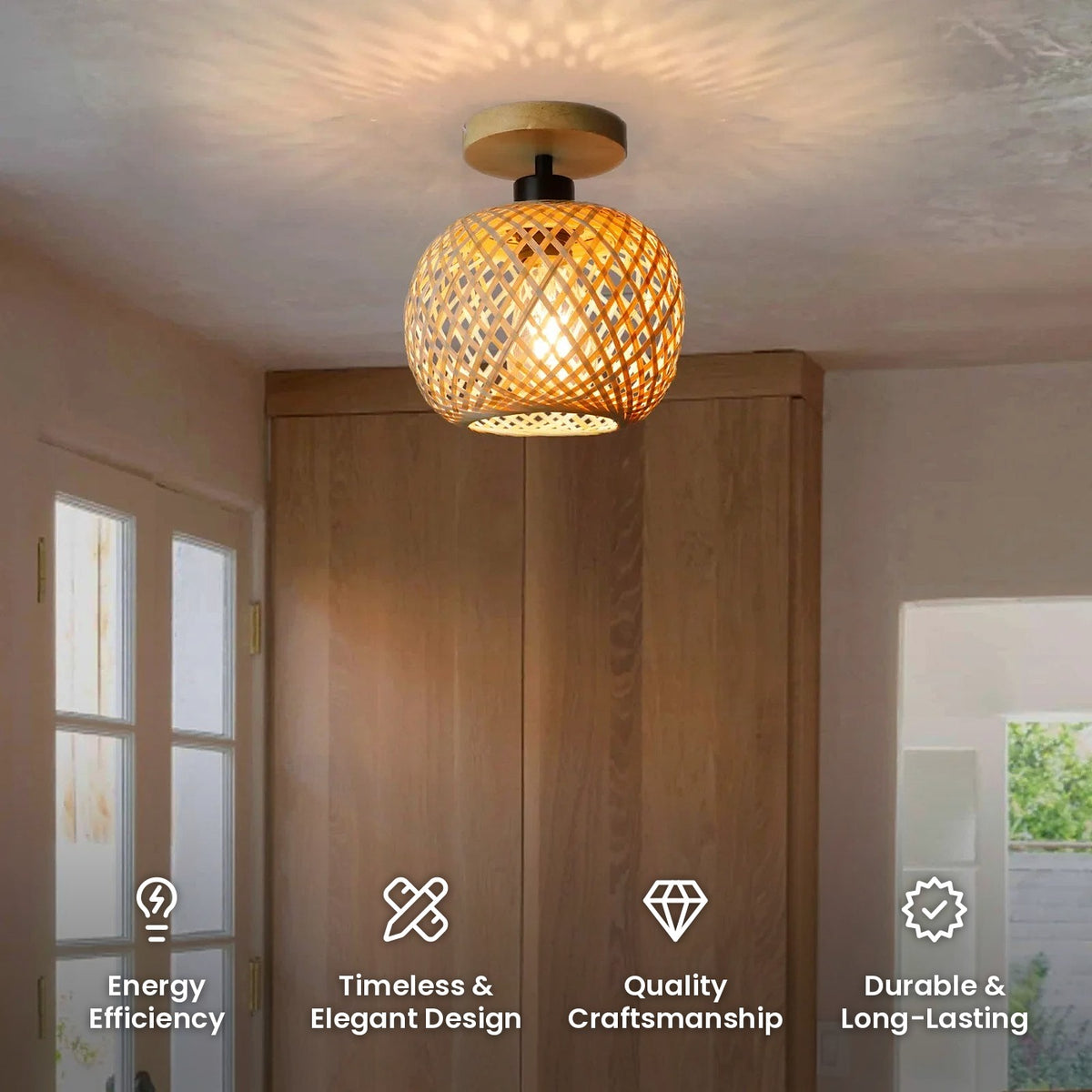 Retro Woven Bamboo Ceiling Light: energy efficiency, timeless and elegant design, quality craftsmanship, durable and long-lasting
