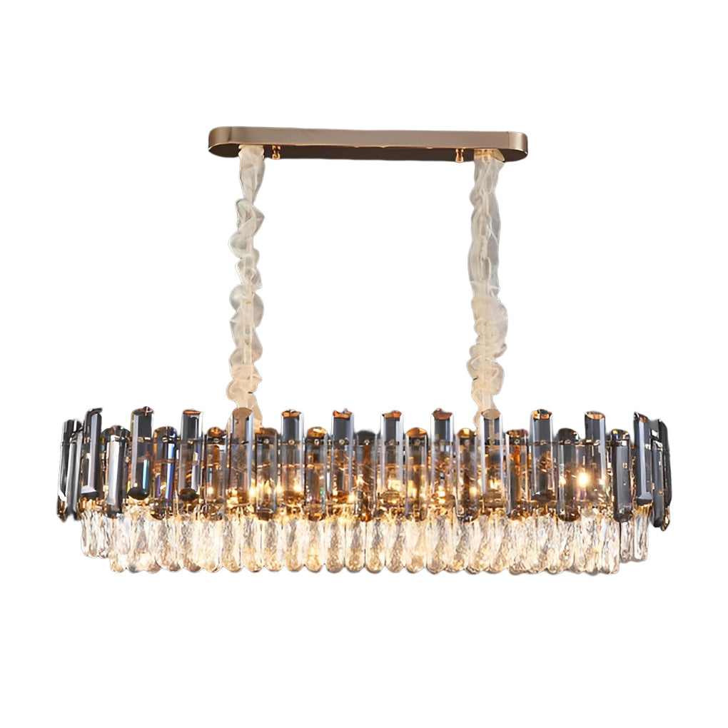 Tiered Smoke Crystal Drum Chandelier, Gold Iron Ceiling Light 15