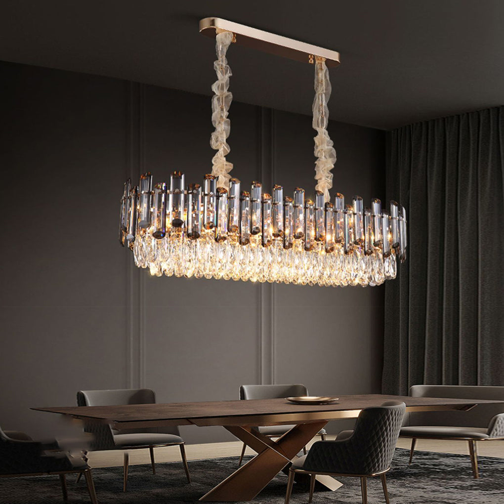 Tiered Smoke Crystal Drum Chandelier, Gold Iron Ceiling Light 6